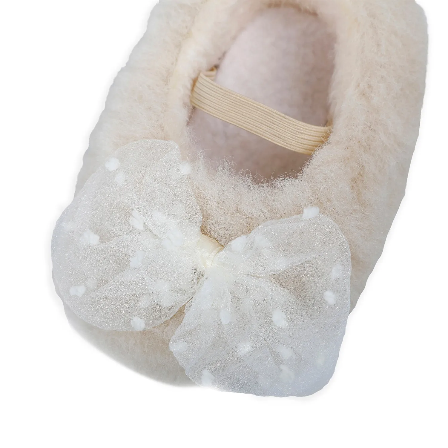 Baby Moo Bow Applique Warm Furry Booties - Cream