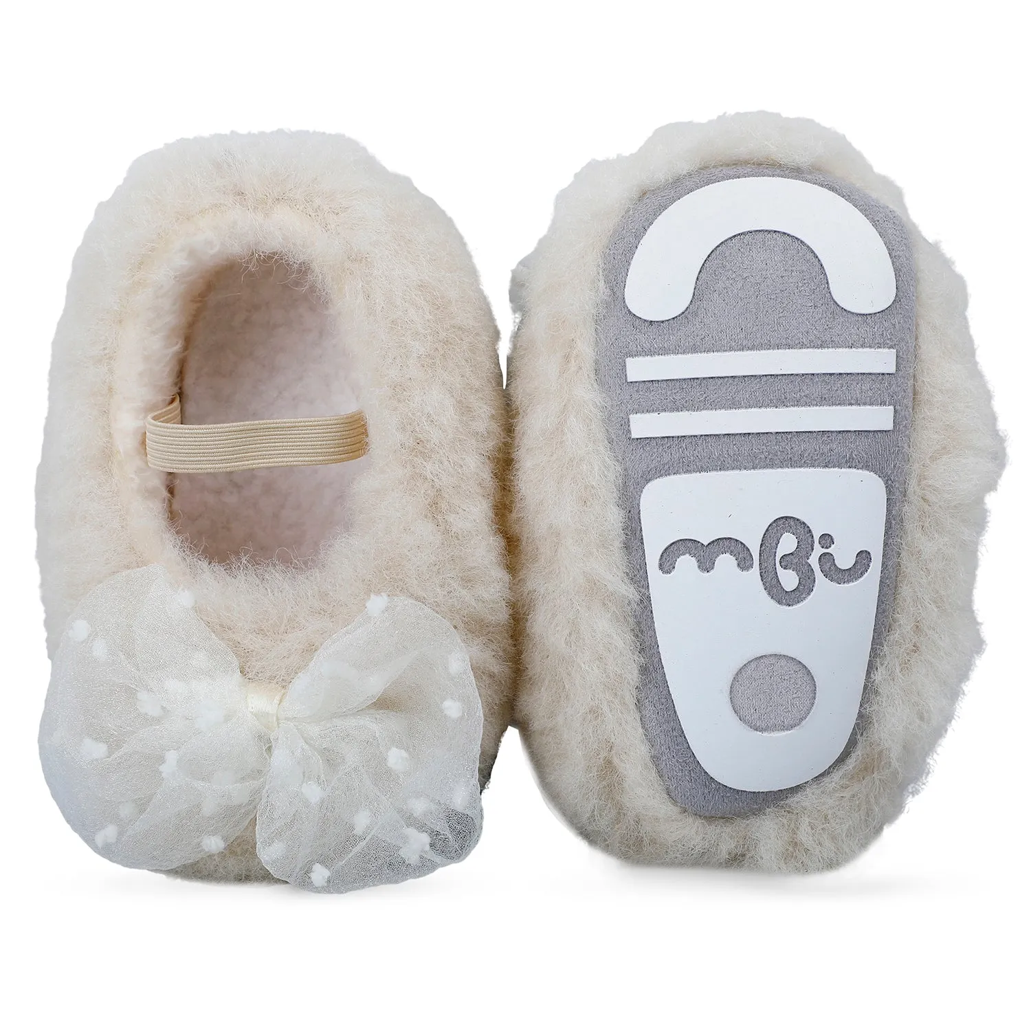 Baby Moo Bow Applique Warm Furry Booties - Cream