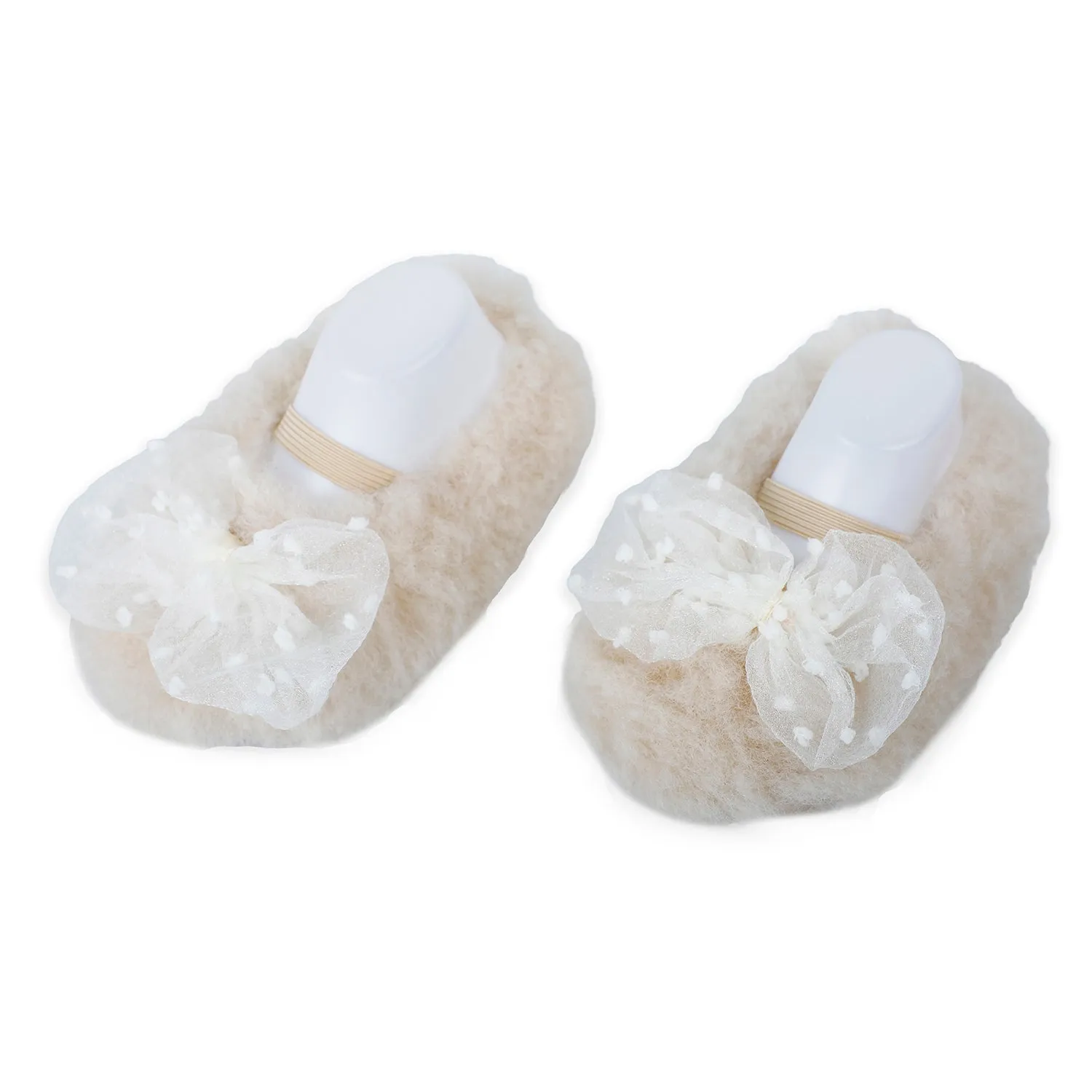 Baby Moo Bow Applique Warm Furry Booties - Cream