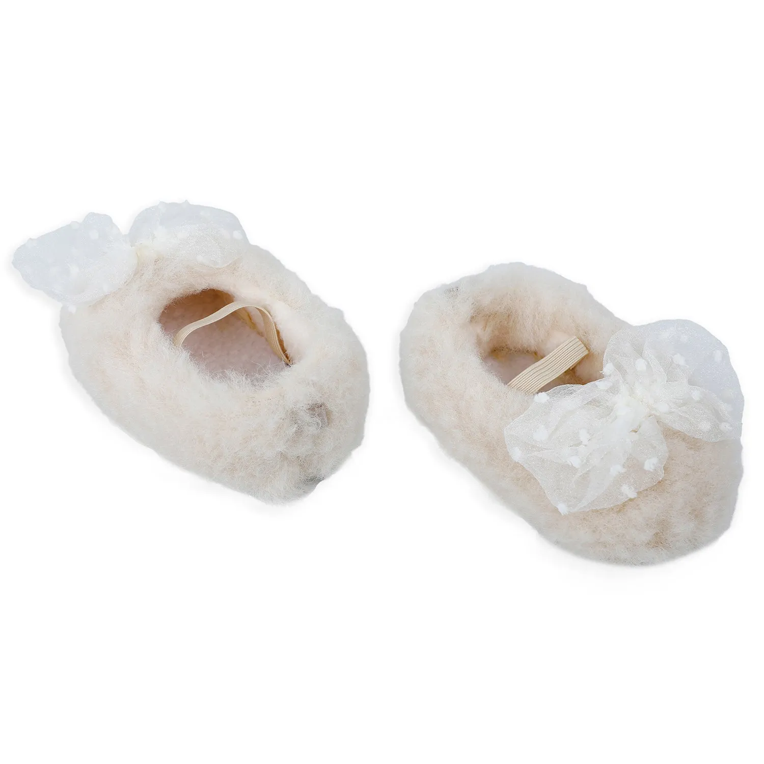 Baby Moo Bow Applique Warm Furry Booties - Cream