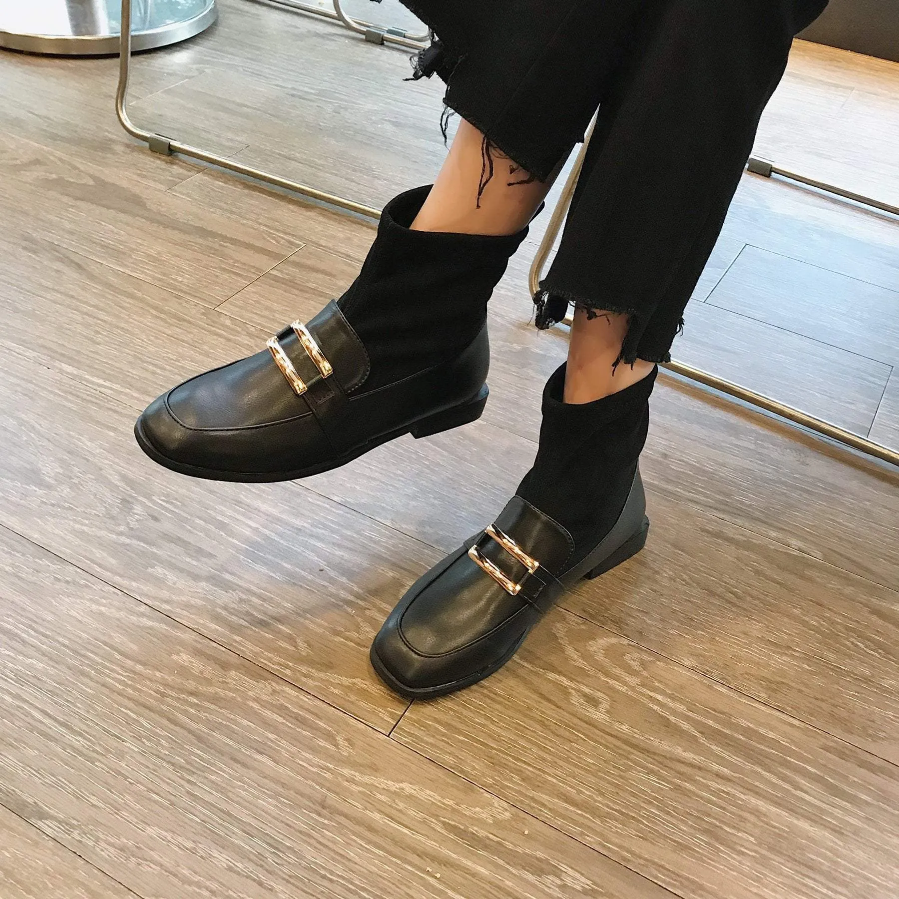 Black Square Buckle Velvet Warm Boots