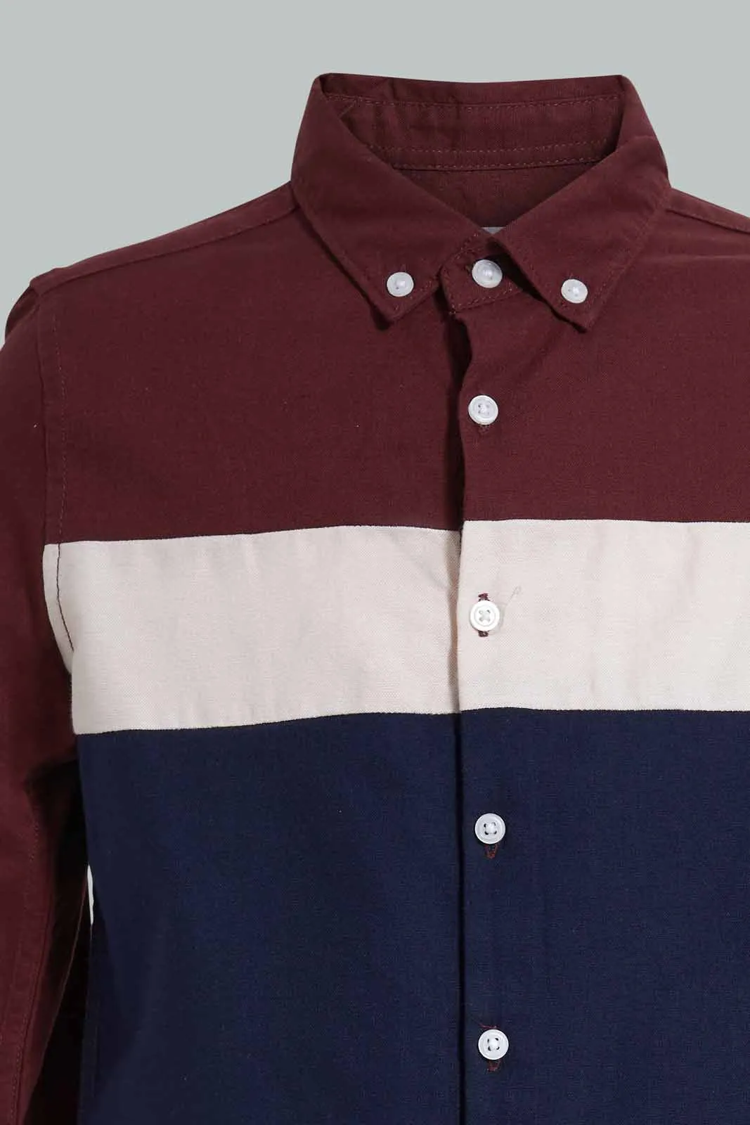 Burgundy Color Block Casual Shirt For Senior Boys