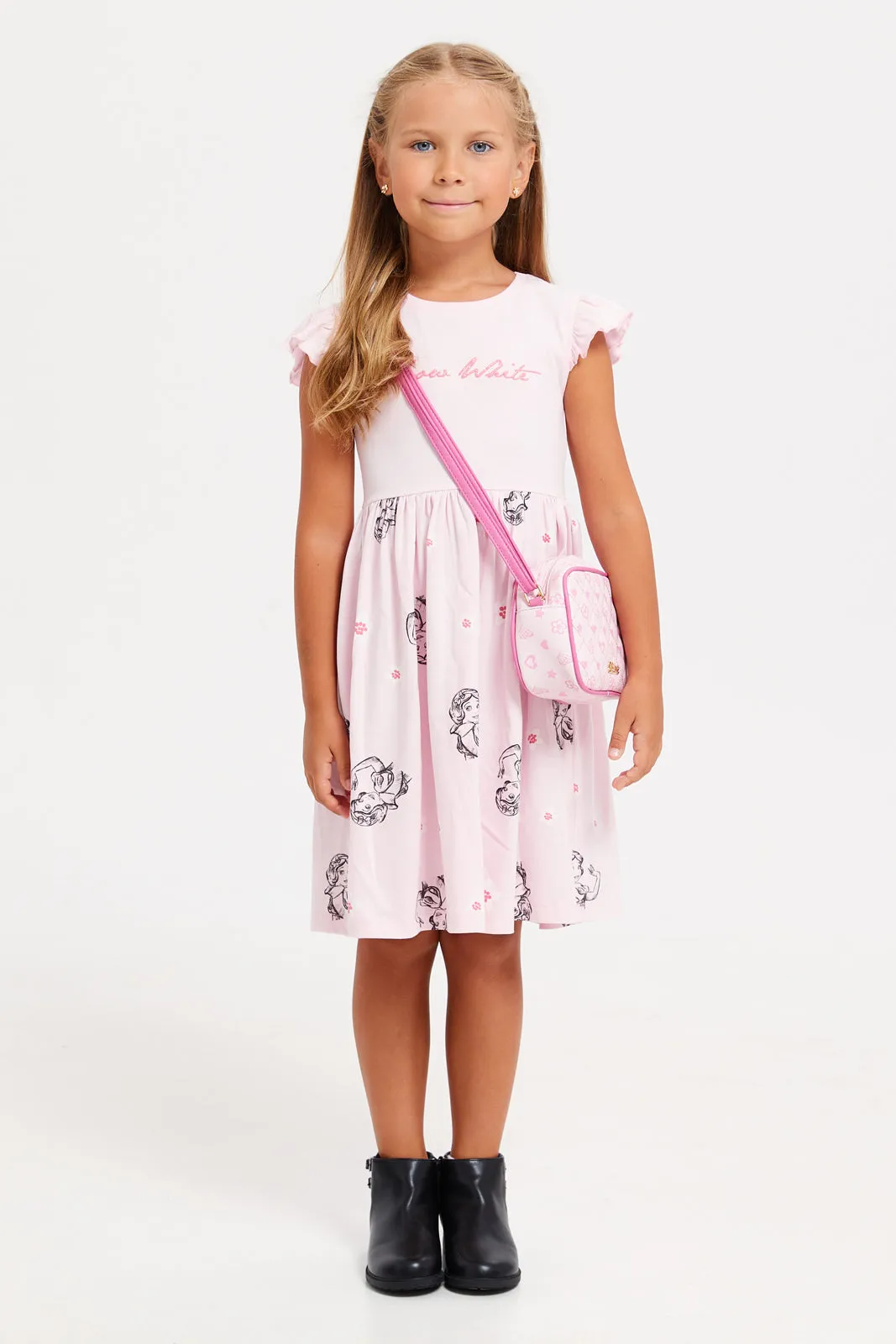 Girls Pink Snow White Print Dress