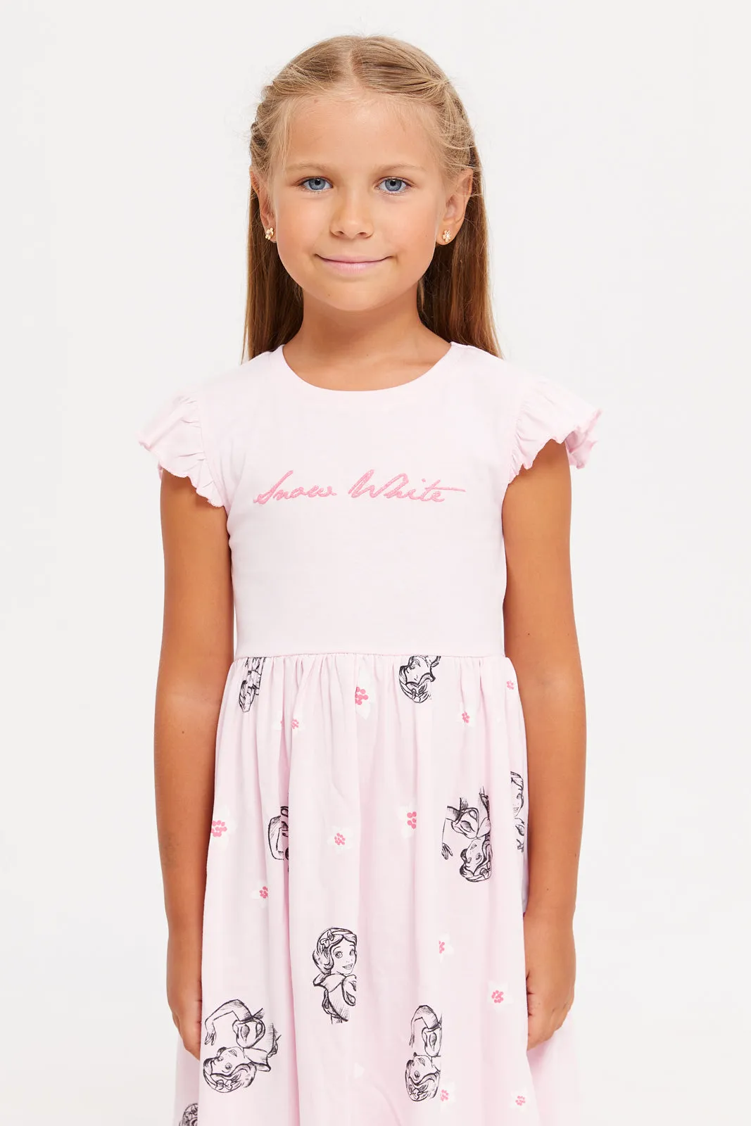 Girls Pink Snow White Print Dress