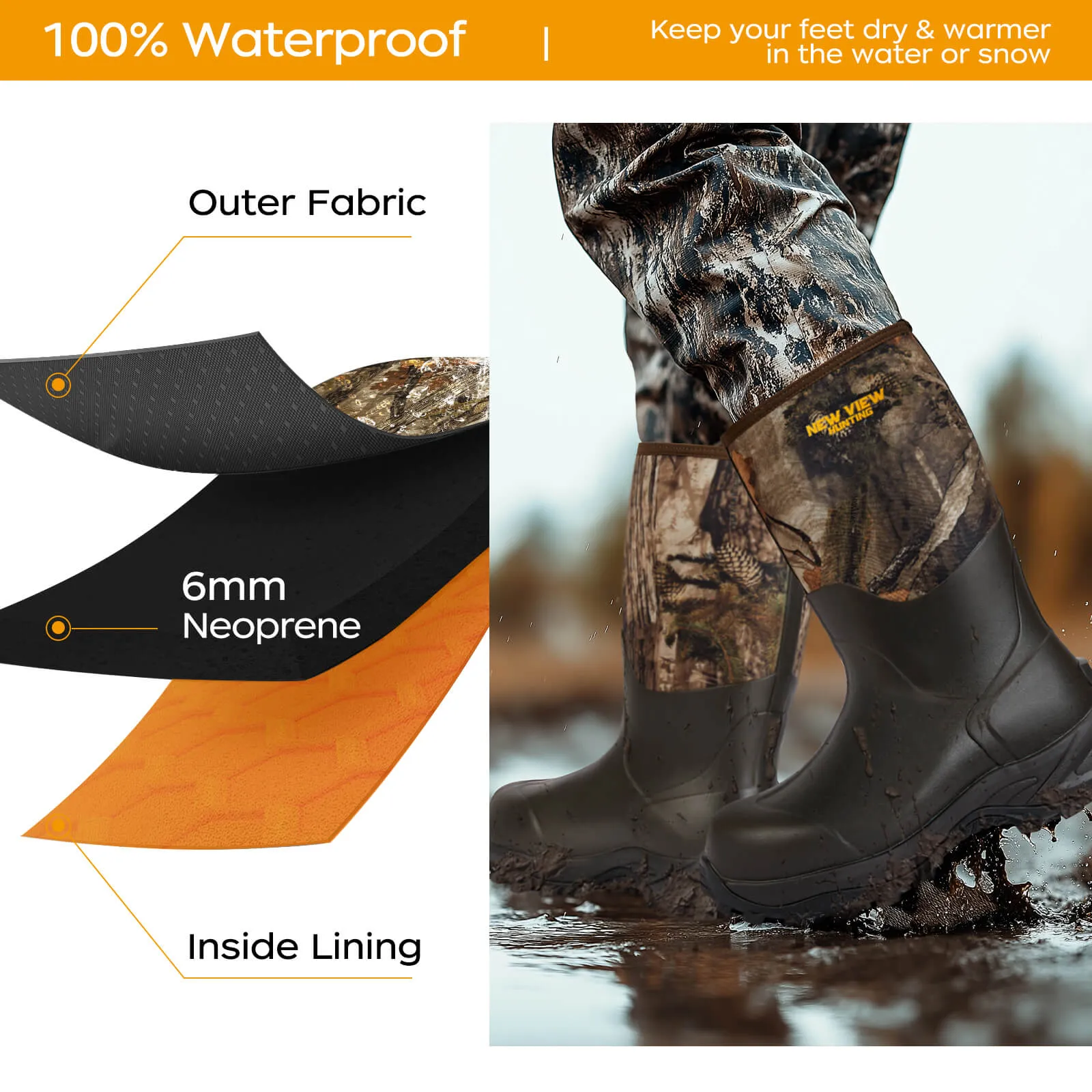 Insulated Hunting Boots for Men Cold Weather, 6mm Neoprene Rubber Hunting Boots for Winter, Camo Durable Waterproof Mud Boot for Deer, Duck, Bird Hunting