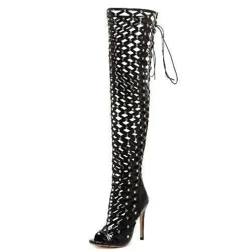 Over the Knee Boots for Women - Sexy Lace Up Heels - Fish Net boots