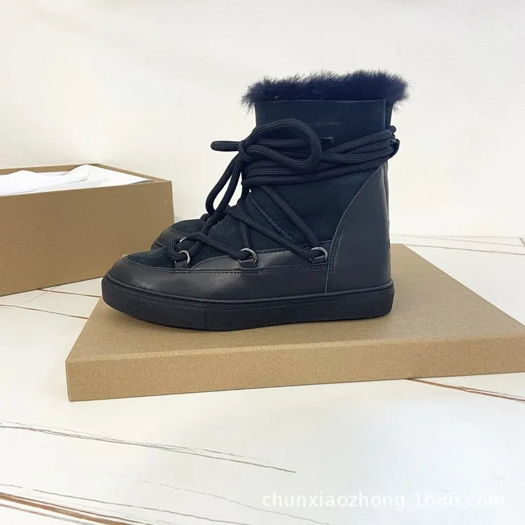 Pre Order:  Warm Wool Lace-Up Leather Boots