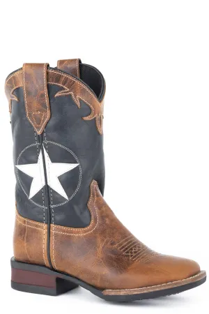 Roper Kids Boys Navy/Tan Leather Monterey Star Cowboy Boots