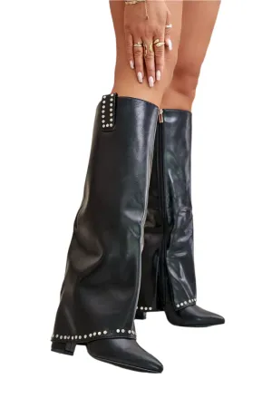 TEEK - Dot Trim Black Long Shaft Heeled Boots