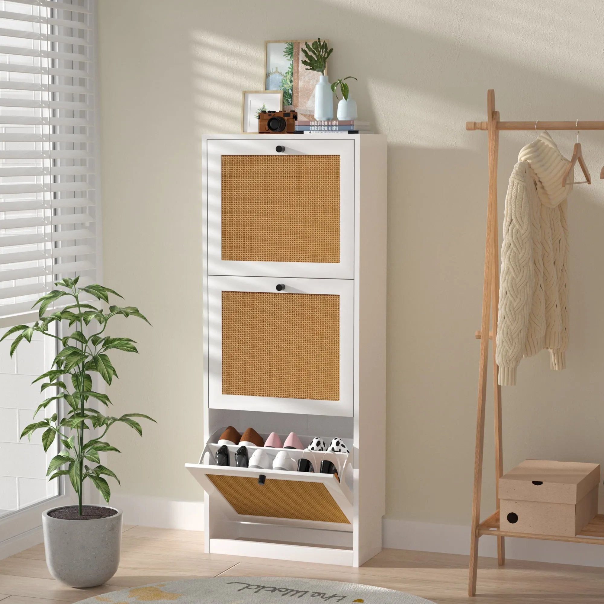 timeless 3-Tier Shoes Cabinet with 3 Flip Drawers and Adjustable Shelves, White, 40 lbs