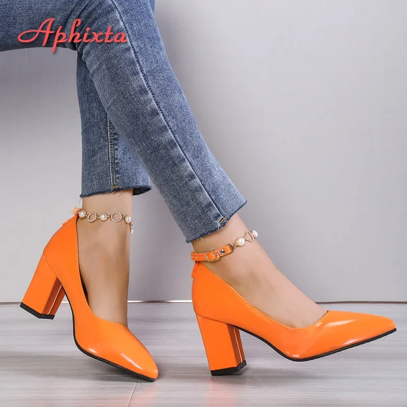 Trendy Pointed Toe Mary Jane Pearl Chain Heel Shoes