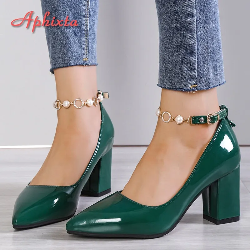 Trendy Pointed Toe Mary Jane Pearl Chain Heel Shoes