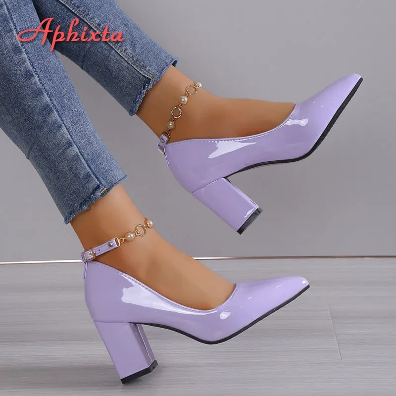 Trendy Pointed Toe Mary Jane Pearl Chain Heel Shoes