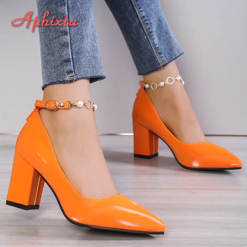 Trendy Pointed Toe Mary Jane Pearl Chain Heel Shoes