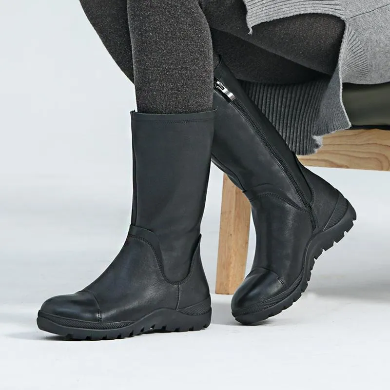 Wide Fit Handmade Leather Side Zip Calf Length Boots For Cold Winter Designer Shoes Black/Blue