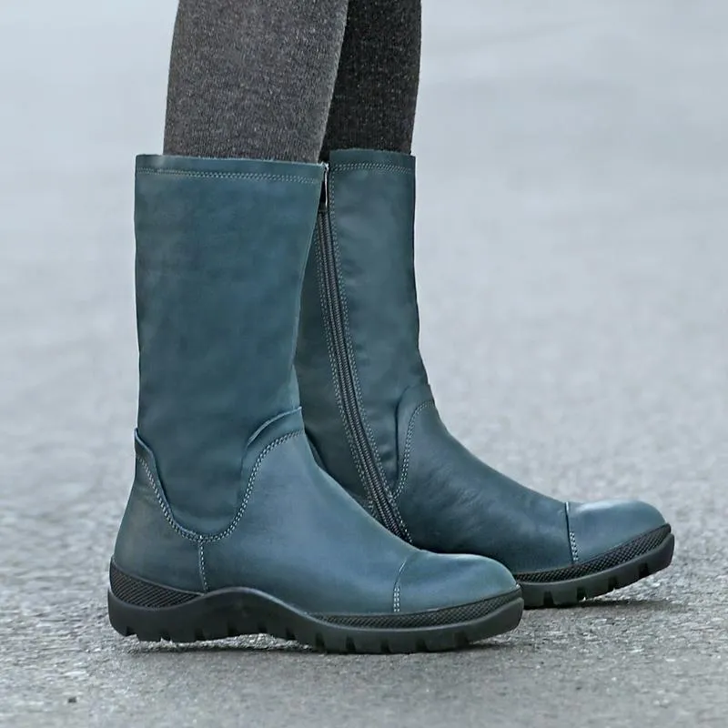 Wide Fit Handmade Leather Side Zip Calf Length Boots For Cold Winter Designer Shoes Black/Blue