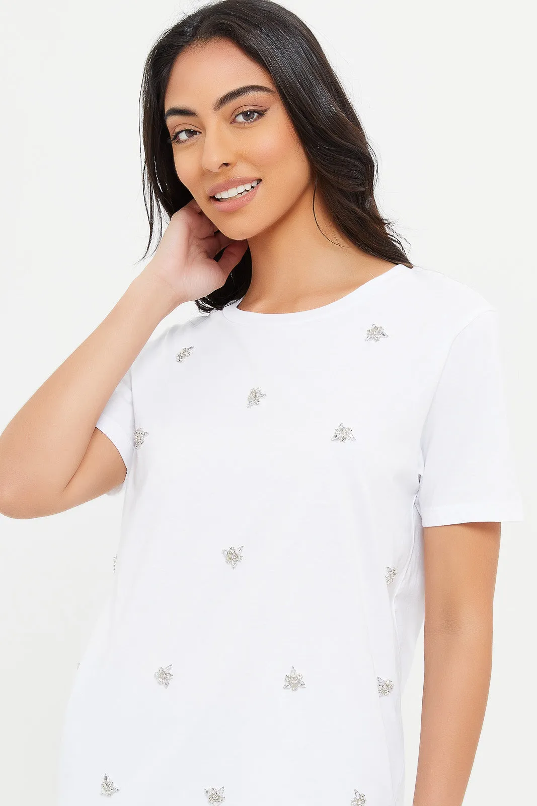 Women White Embellished Relaxed T-Shirt