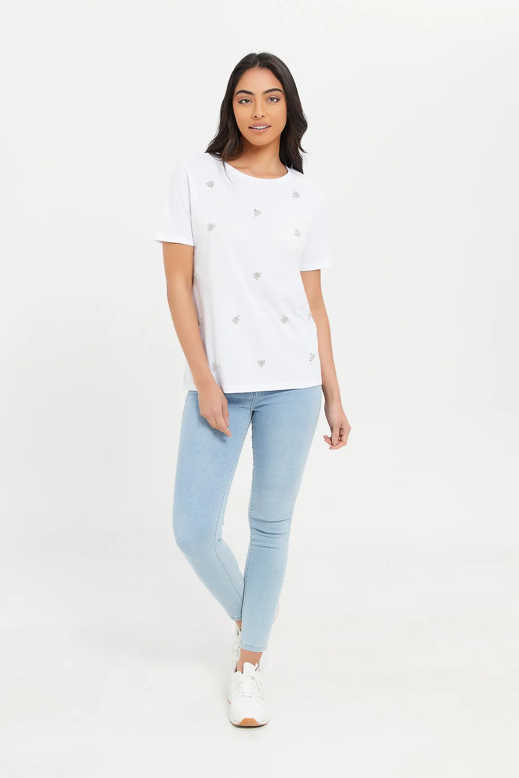 Women White Embellished Relaxed T-Shirt